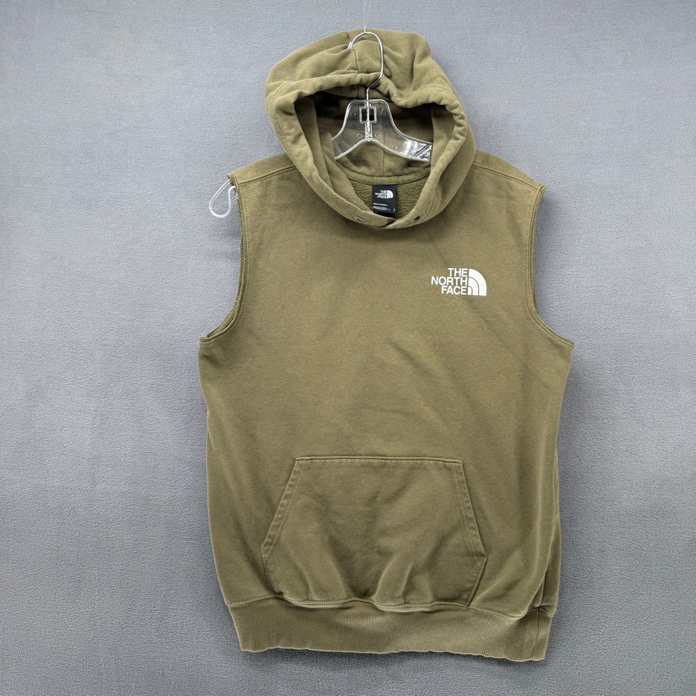 The North Face Mens Sleeveless Hoodie Vest‎ Olive Green Graphic Logo Size S